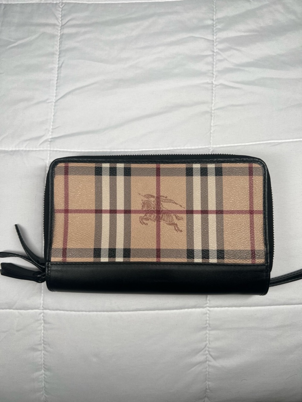 Burberry Beige Plaid Zip-Around Wallet with Black Trim